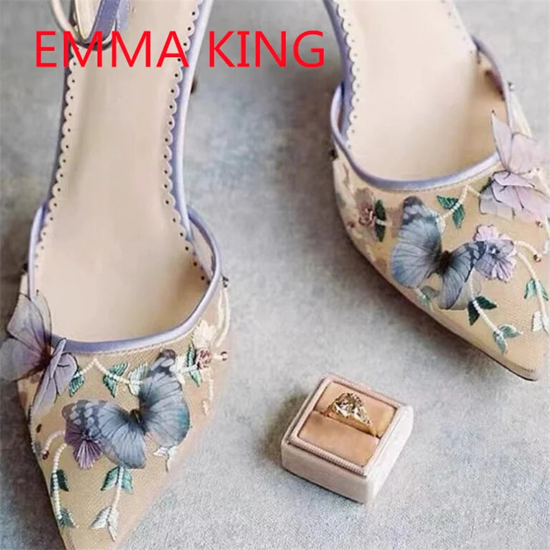Pointed Toe Purple Silk Embroidered Pumps with Ankle Strap for Women