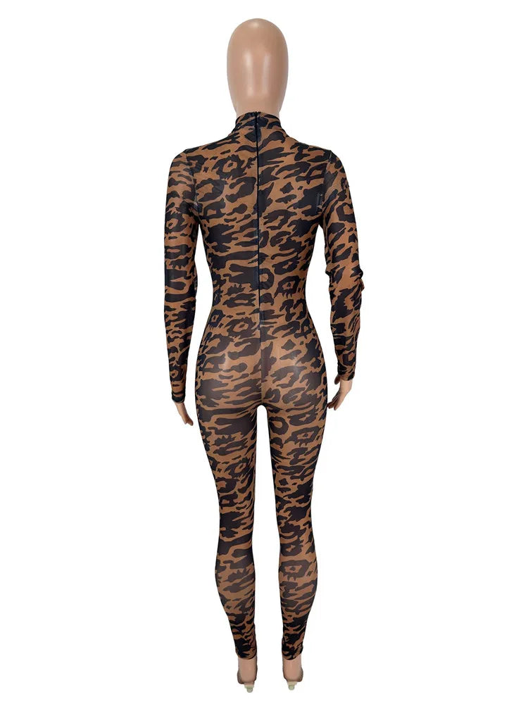 Leopard Print Mesh Flowy Long Sleeve Jumpsuit for Women