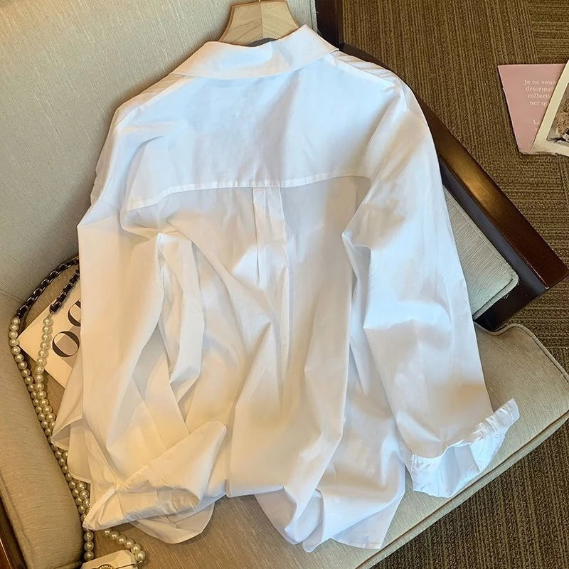Oversized White Long Sleeve Button Up Shirt for Women