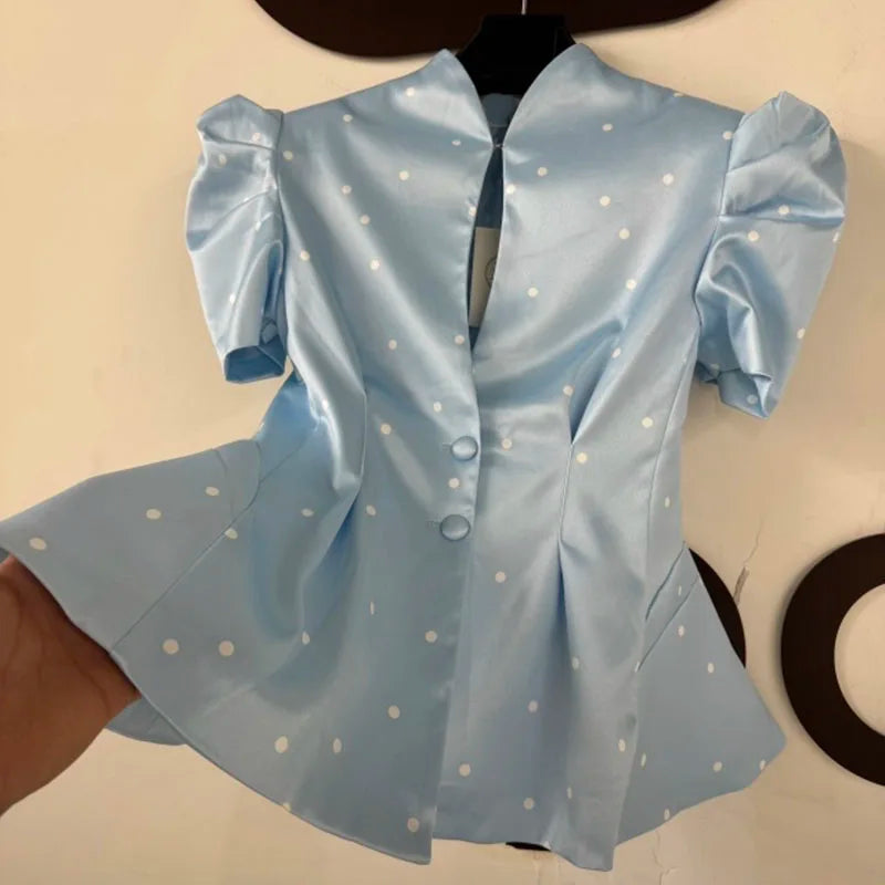Elegant Printed Puff Sleeve Stand Collar Shirt for Women