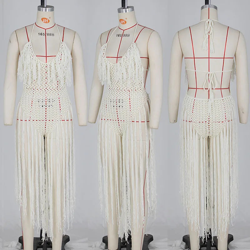 Sexy Crochet Knitted Beach Summer Dress Women Halter V-neck Tassel Backless Maxi Dress Vacation Sheer Long Dresses Swimsuit 2022