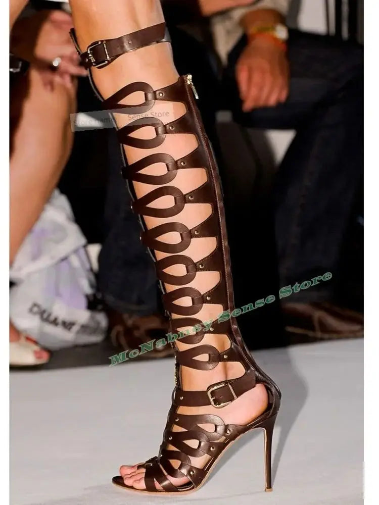 Riveted Pointy Toe Knee High Boots With Thin Heel For Women