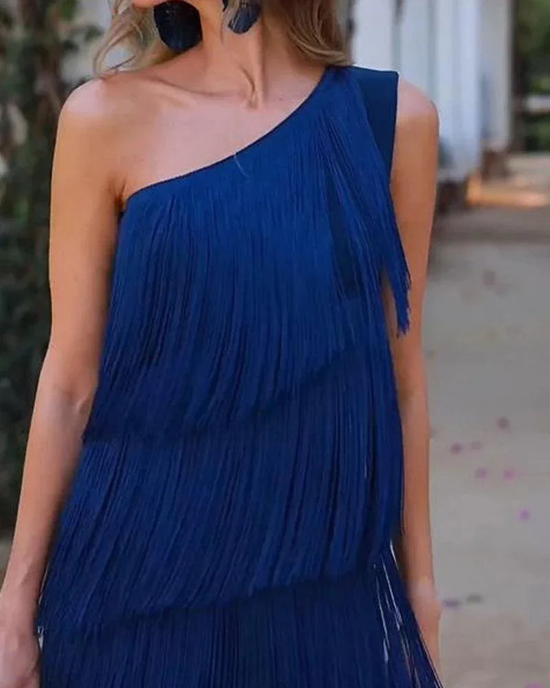 Diagonal Collar Tassel Sleeveless Summer Dress for Women