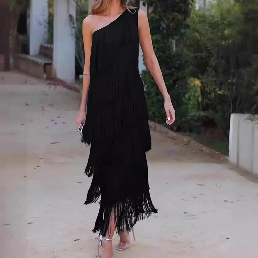 Diagonal Collar Tassel Sleeveless Summer Dress for Women
