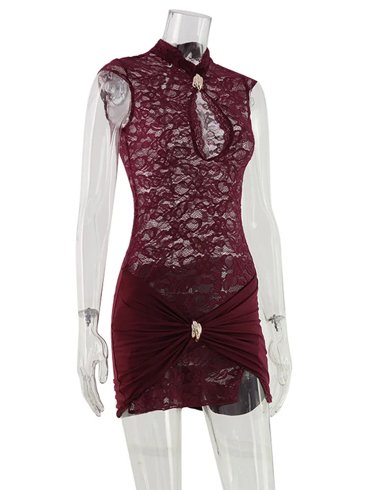 Lace Patchwork High Neck Bodycon Mini Dress for Women