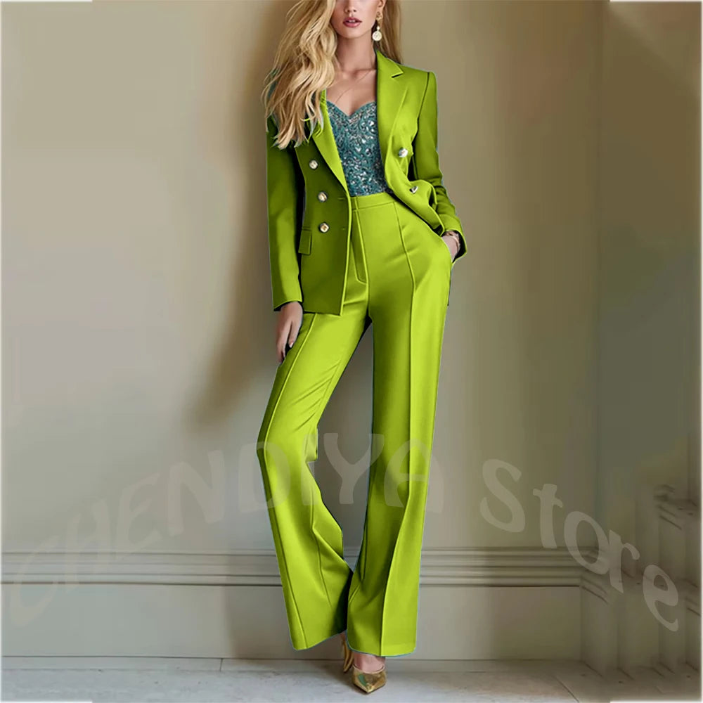 Solid Color Suit For Women High Quality Double Breasted Two Piece Notch Lapel Slim Fit Elegant Fashion Female Outfit Jacket Pant