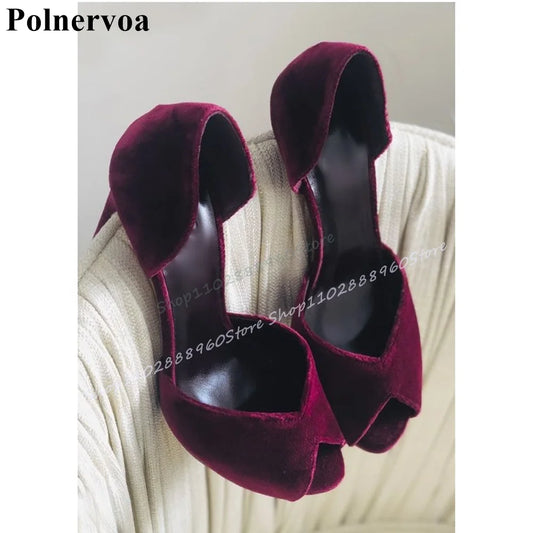 Burgundy Suede Luxurious Sandals Stilettos High Heel Shallow Women Shoes Slip On Peep Toe Banquet Fashion Zapatos Para Mujere