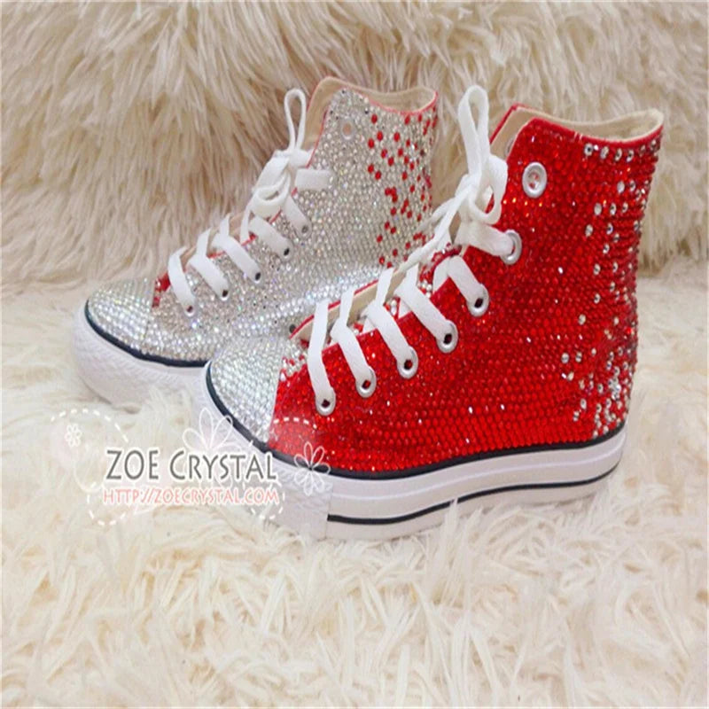 Red Rhinestone Lace Up High Top Canvas Shoes for Women