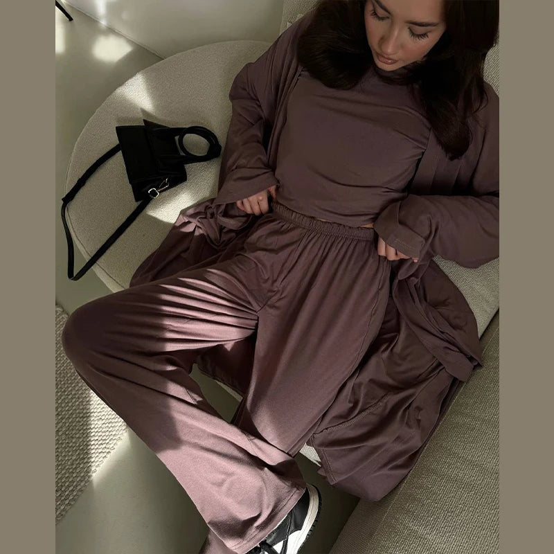 Casual Three Piece Shirt, Coat And Wide Leg Pants Set for Women