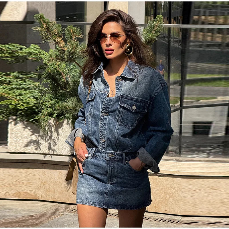 High Waisted Acid Wash Denim Two Piece Set For Women