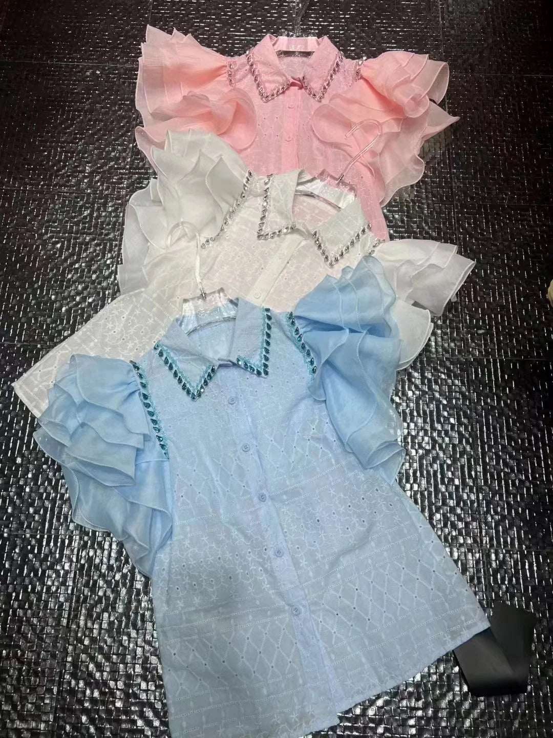 Diamond Stitch Jacquard Cotton Blouse With Ruffles for Women