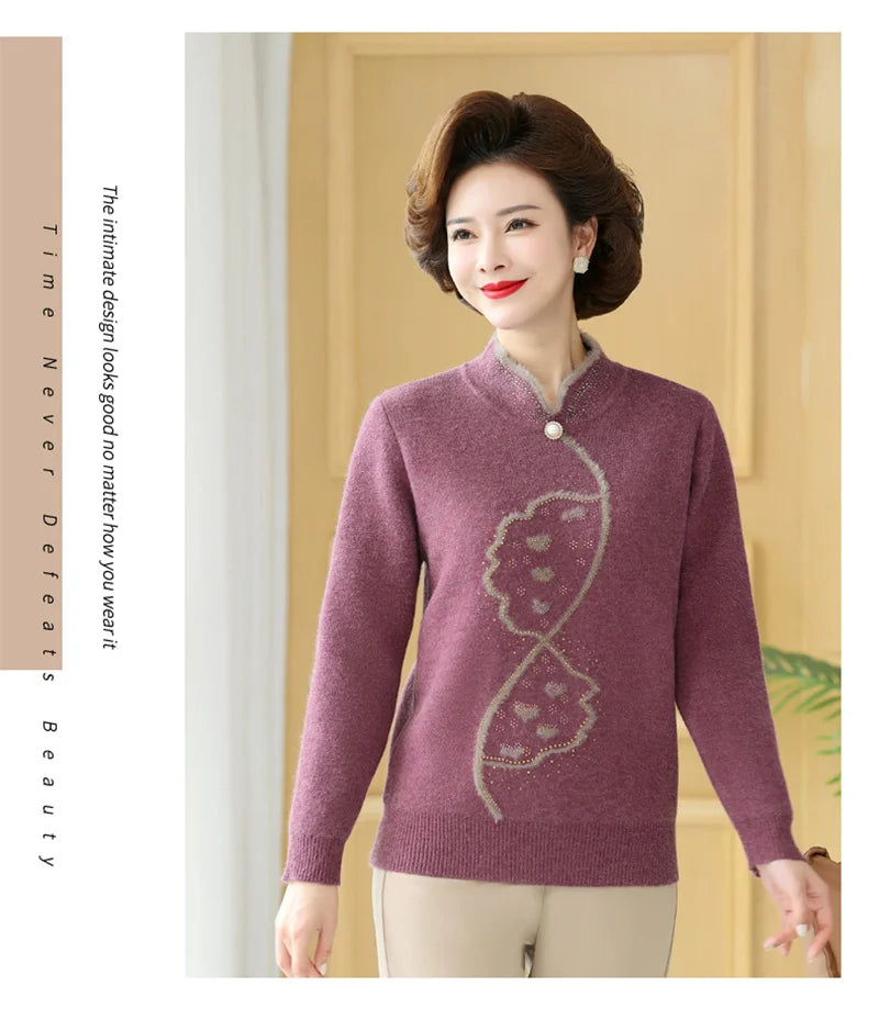 2025 Autumn New Mom's Velvet And Warm Knitted Embroidered Bottom Shirts Imitation Mink Fleece Winter Inner Plsh Thick Pullover