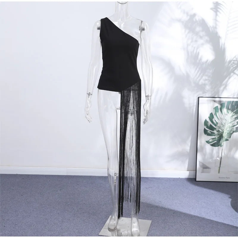 Asymmetrical Skew-Collar Backless Tassel Patchwork Top for Women