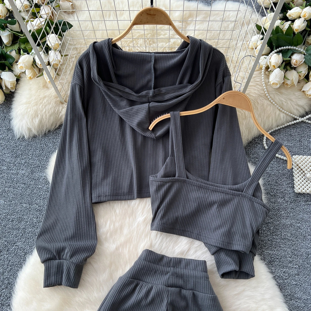 Sporty Three Piece Hoodie, Camisole and Pants Set for Women