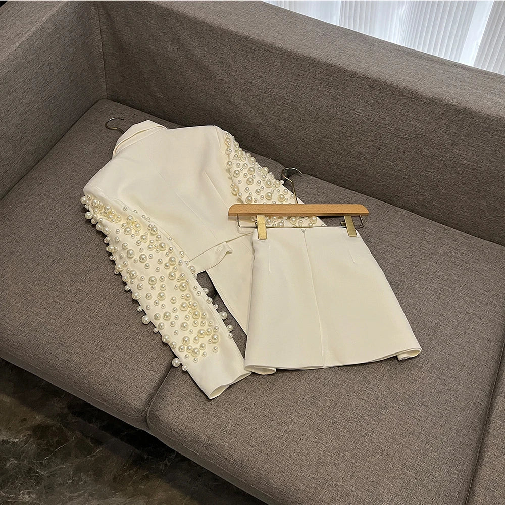 TWOTWINSTYLE Sexy Two Piece Sets For Women V Neck Long Sleeve Spliced Pearl Top High Waist Shorts Chic Set Female New KSE549891