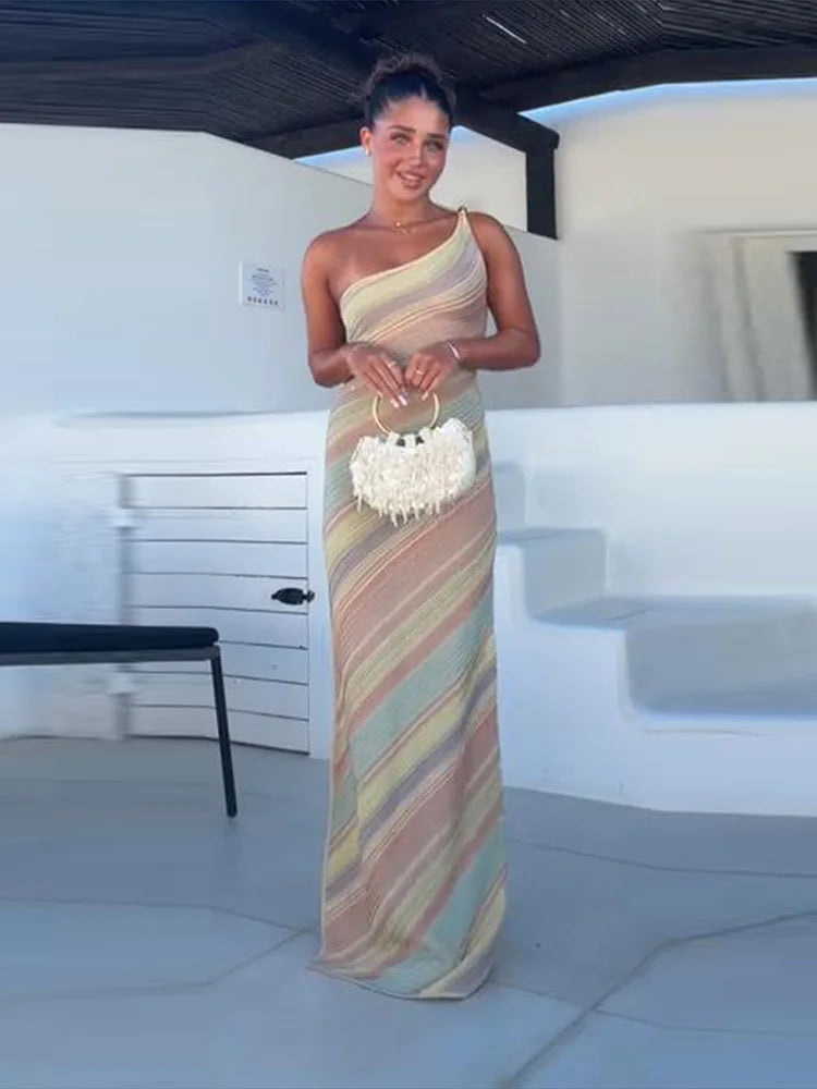 Elegant One Shoulder Printed Mid-Calf Dress for Women