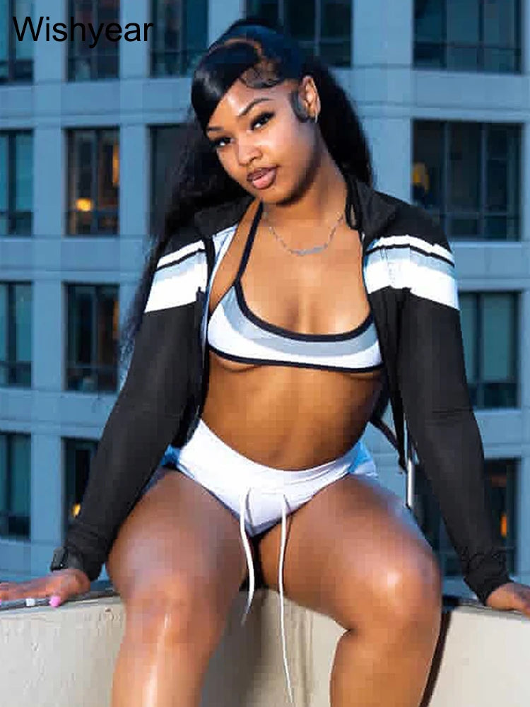 Striped Three Piece Jacket Crop Top And Shorts Set for Women
