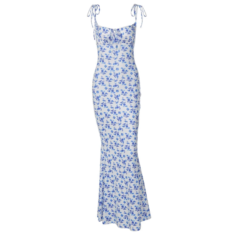 Sleeveless Floral Print Lace Up Backless Maxi Dress for Women