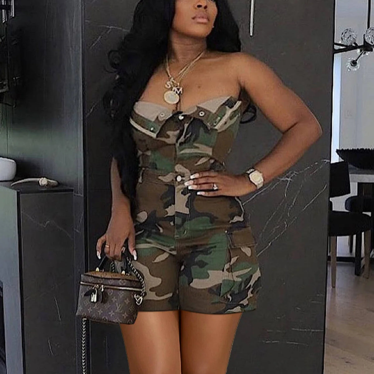 Camouflage Lace Trim Slim Fit Jumpsuit Romper for Women