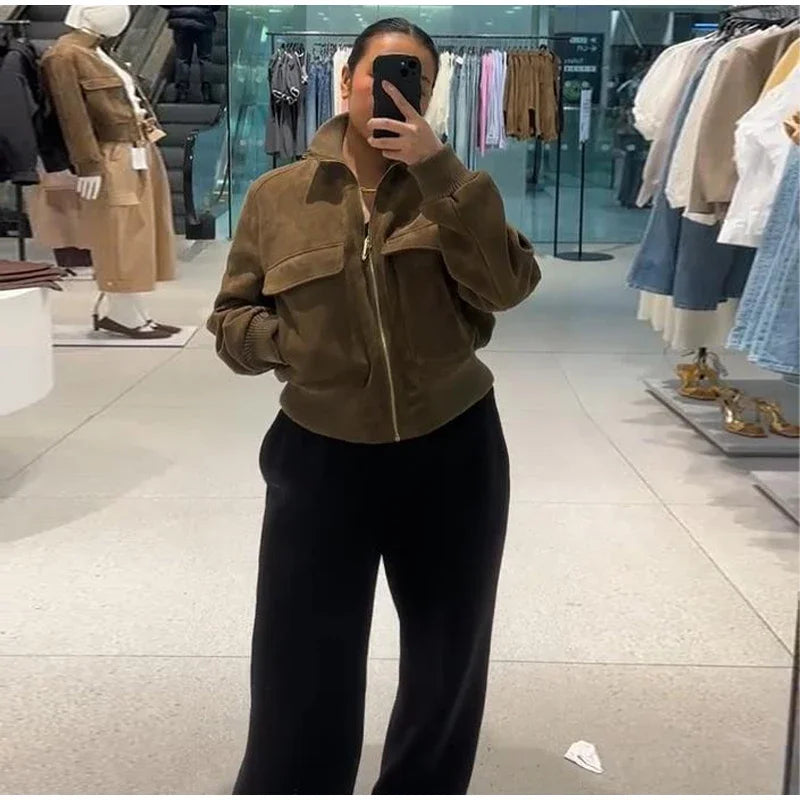 Vintage Suede Long Sleeve Jacket with Pockets for Women