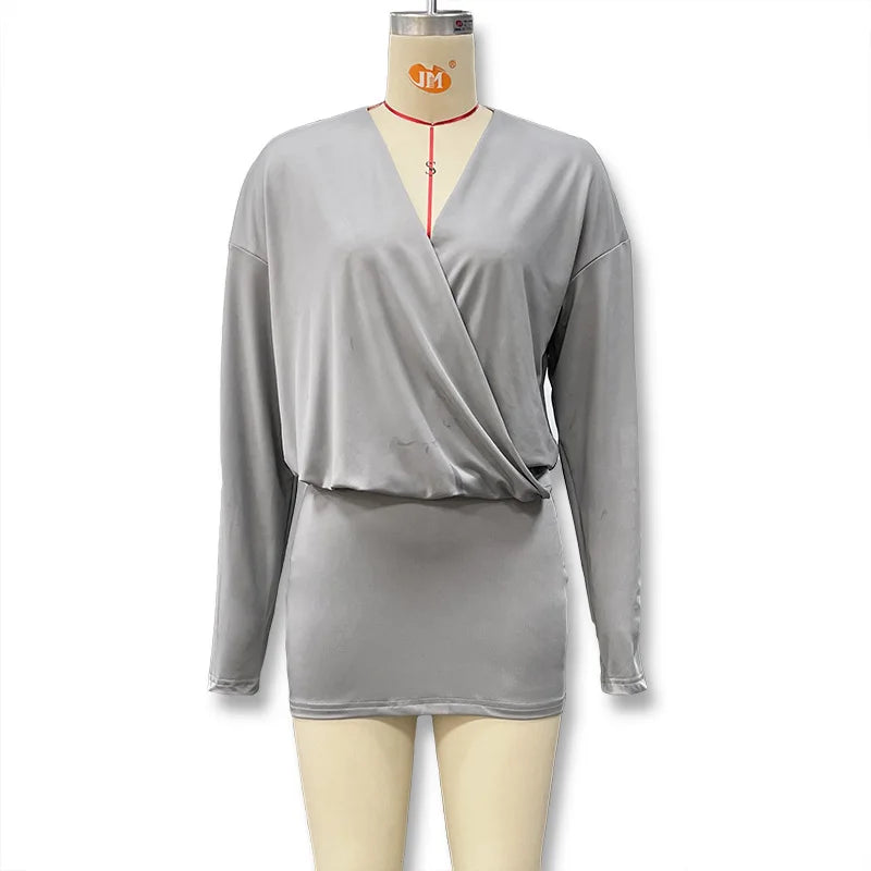 Solid Color Long-Sleeved V-Neck Mini Dress for Women