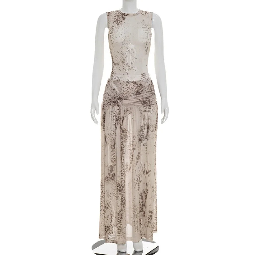 Leopard Print Bodysuit And Split Skirt Set for Women