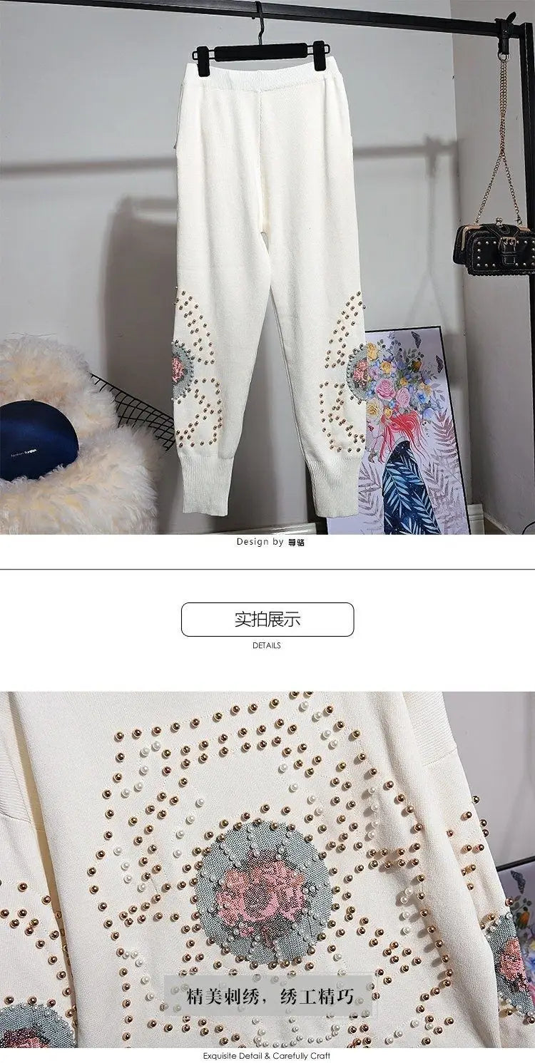 Spring Autumn Women Knitting Suits Trendy Beading Cross Stitch Pullover Sweater Top + Loose Casual Harem Pants White Knit Sets