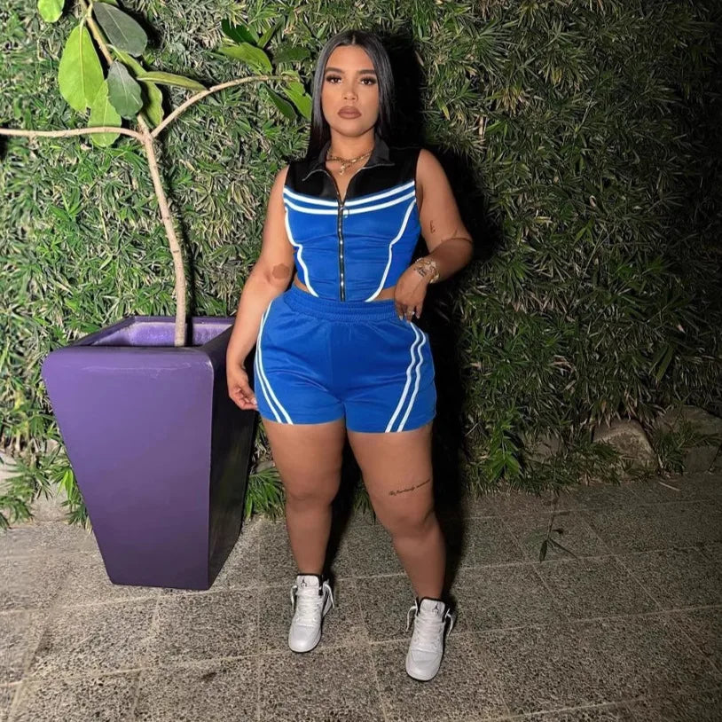 FAGADOER Casual Stripe Patchwork 2 Pieces Set for Woman Sleeveless Zipper Top and Pockets Shorts Outfits Female Sportywear New