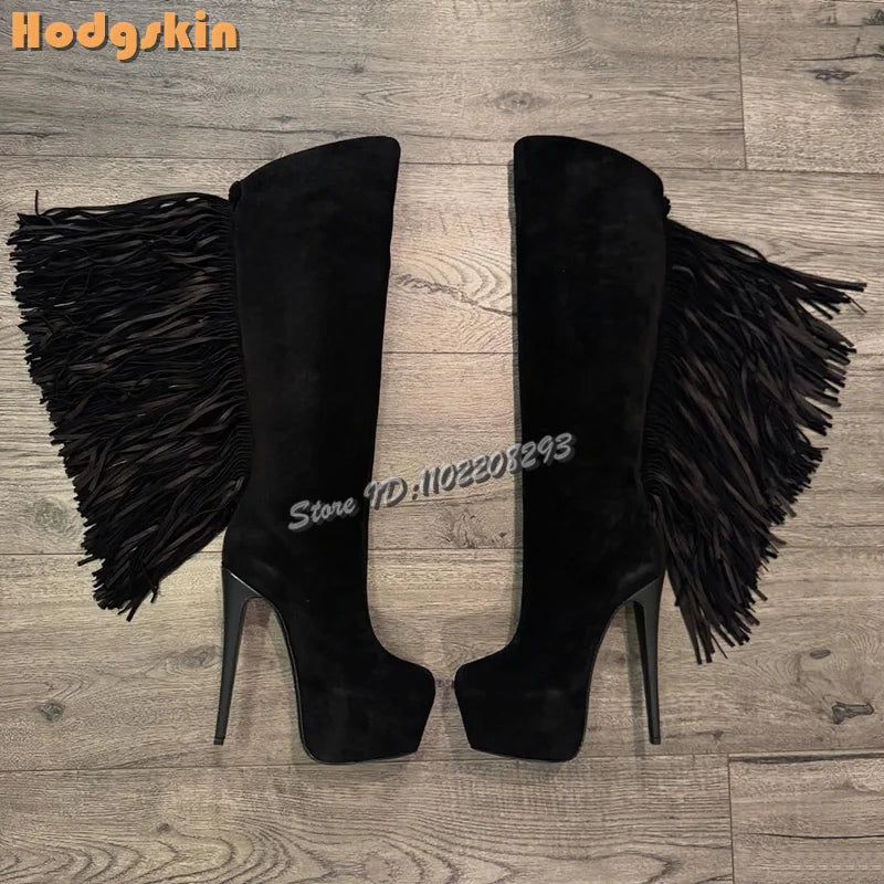 Fringe Suede Knee High Platform Heeled Boots for Women