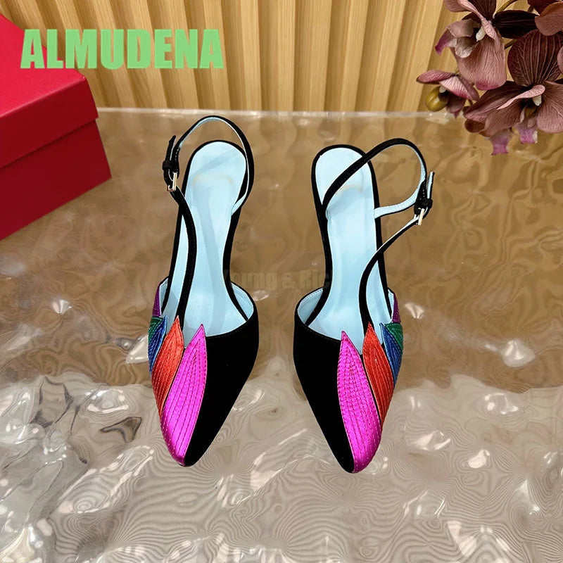 Pointed Toe High Heel Woven Color Block Sandals for Women