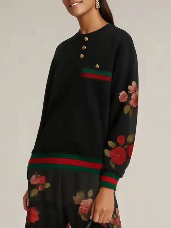 Women Elegant Vintage Floral Printed Gold Button Sweatshirt 2026 New Round-Neck Long Sleeve Loose Casual Office Pullover Tops