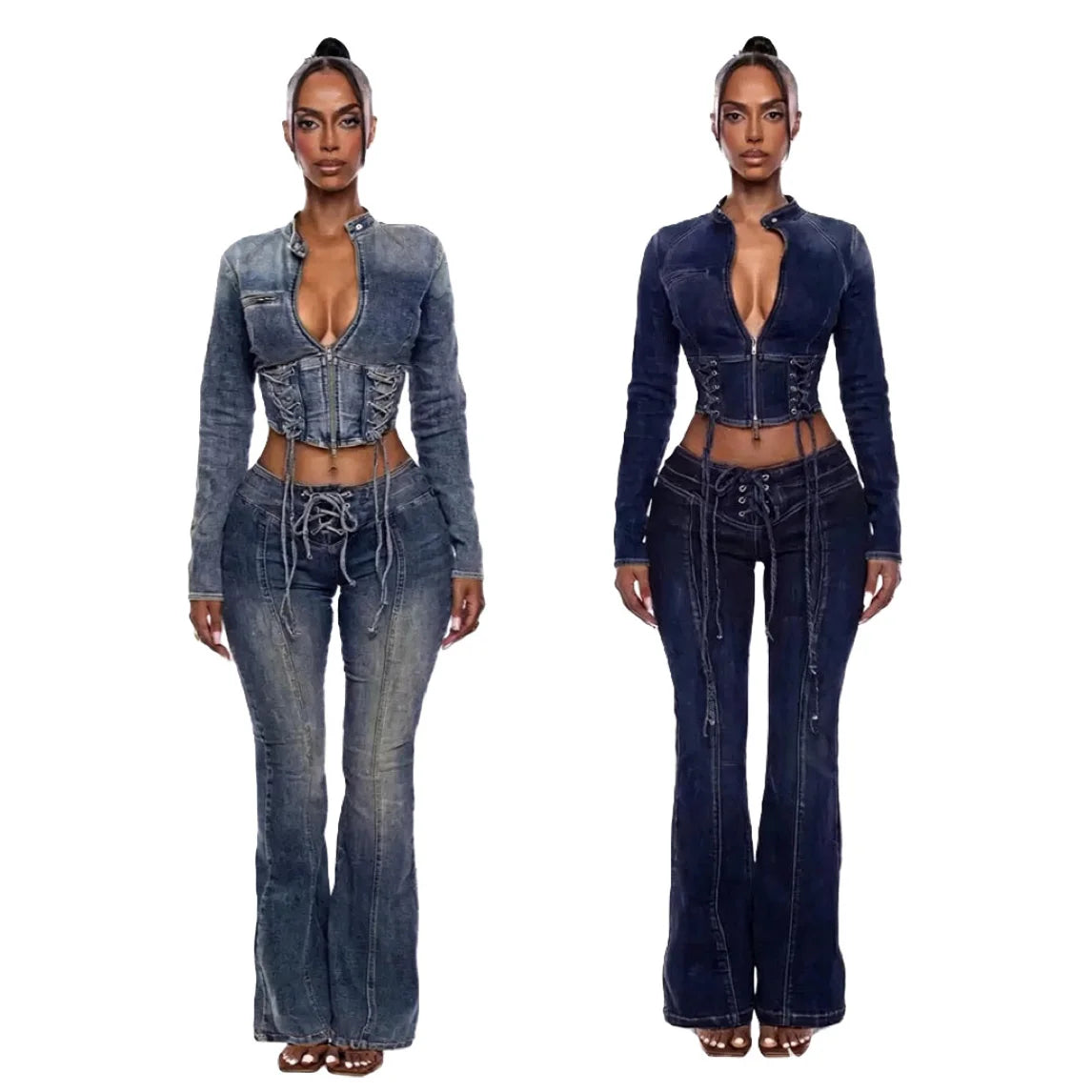 Stylish Cropped Denim Jacket And Pants Set for Women