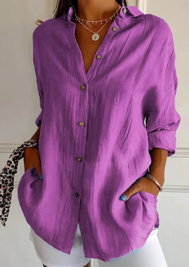 Relaxed Fit Long Sleeve Solid Color Blouse For Women