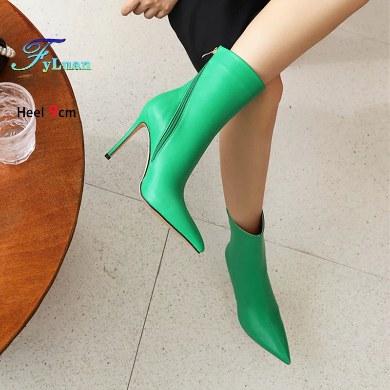 Elegant Plus Size Leather Pointed Toe High Heel Ankle Boots for Women