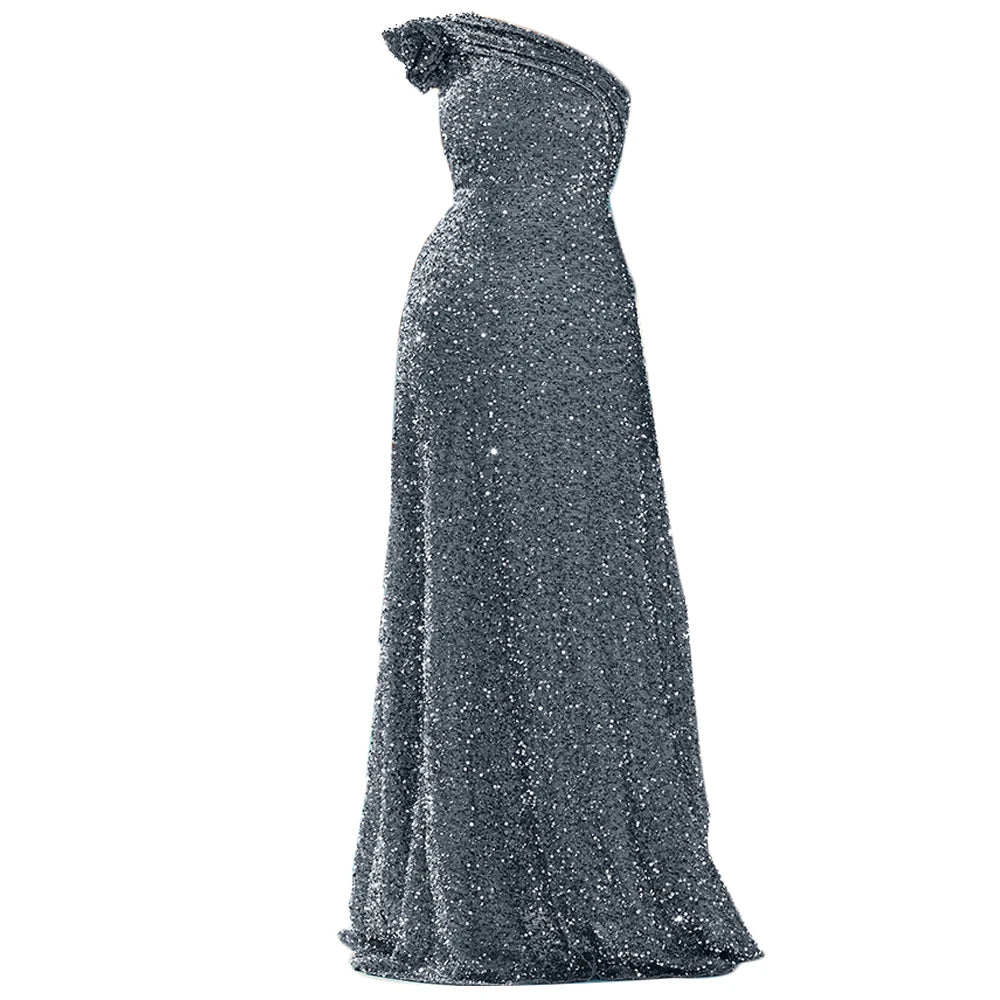Missord Grey Sequin Wedding Party Dress Elegant Women One Shoulder Sleeveless Ruffles A-line Prom Evening Dresses Long Gown