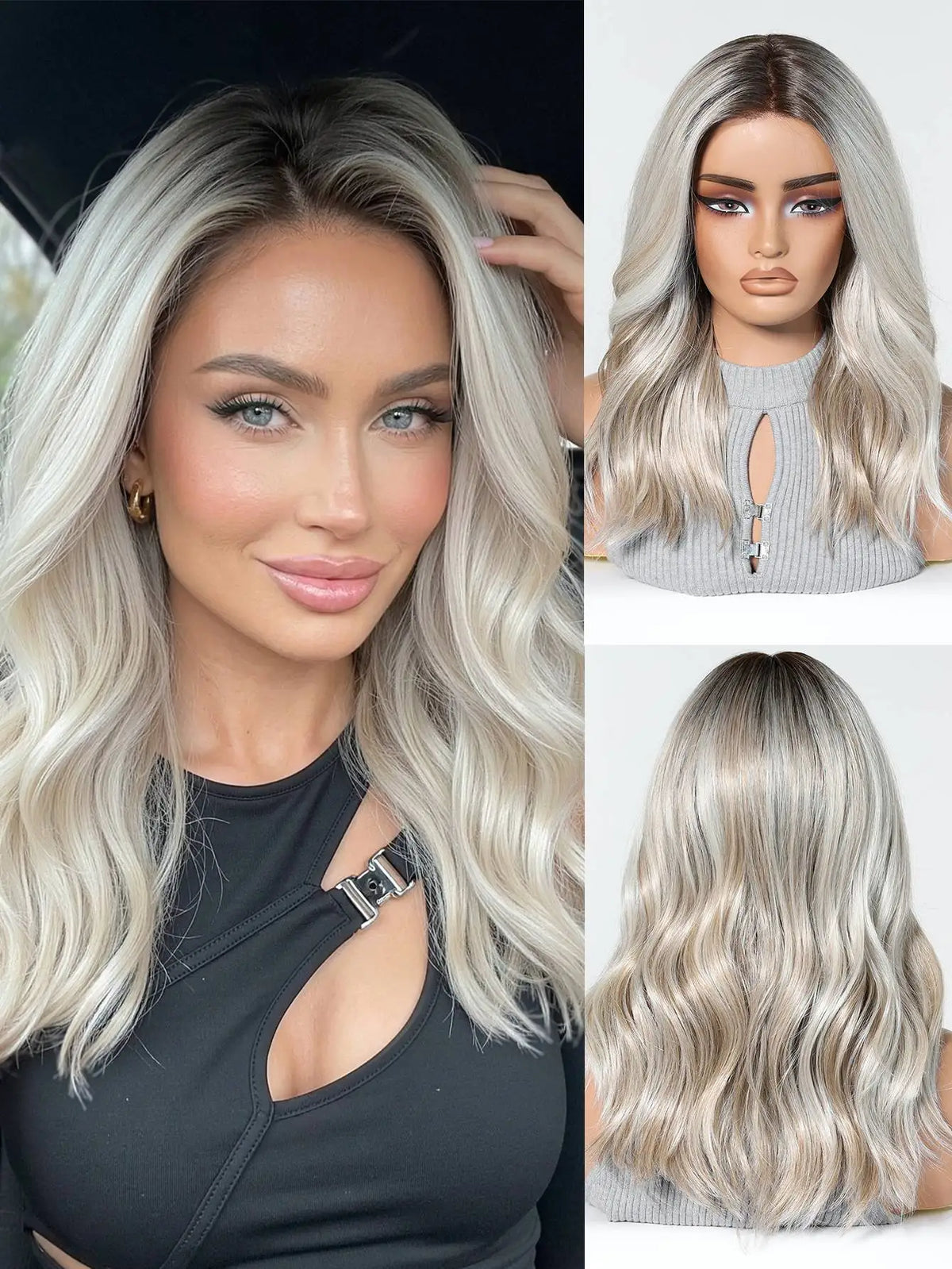 Dark Root Silver Blonde Wavy Lace Front Wig for Women