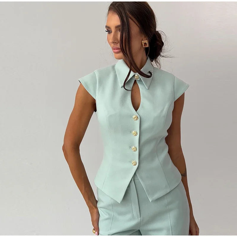 Waist Cinched Tailored Suit Set With Wide Leg Pants For Women