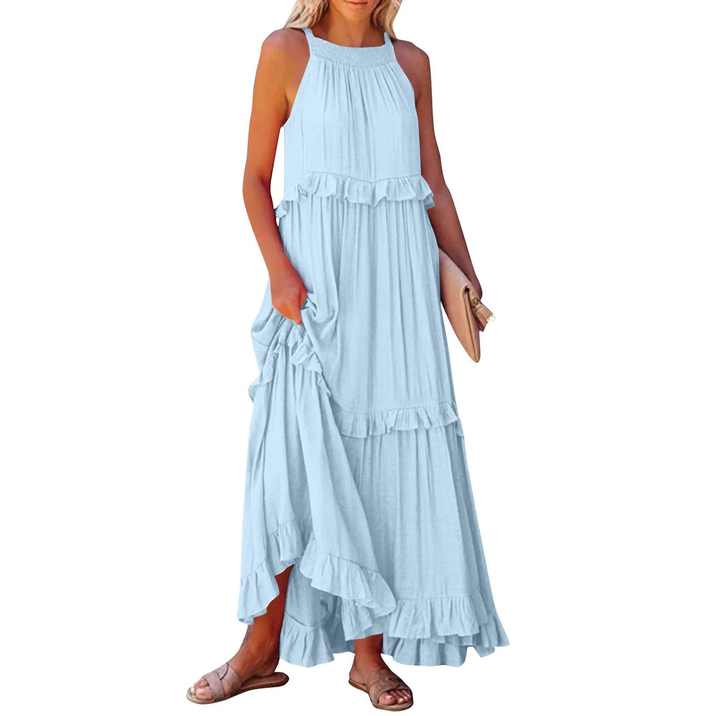 Solid Ruffled Sleeveless Maxi Sundress for Women