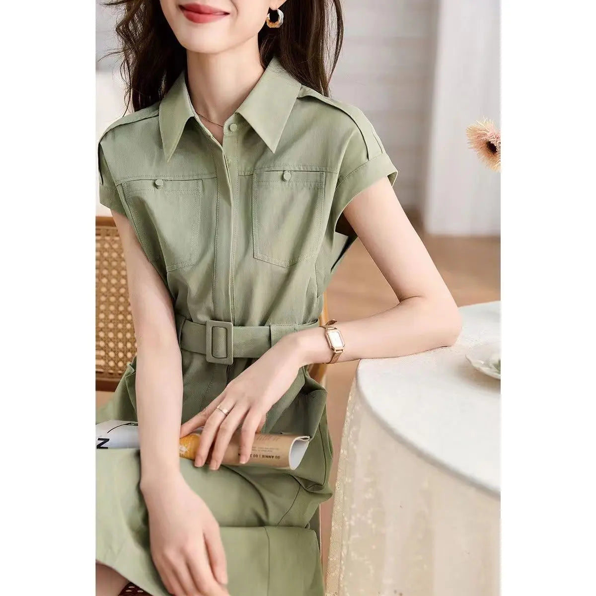 Single Breasted Green Midi Skirt With Pockets For Women