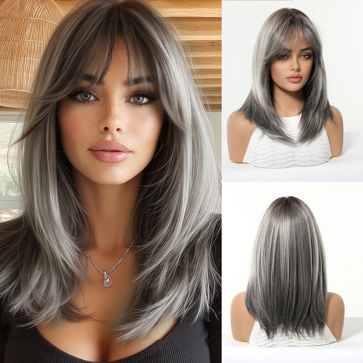 Medium Length Straight Blonde Wig With Bangs for Women