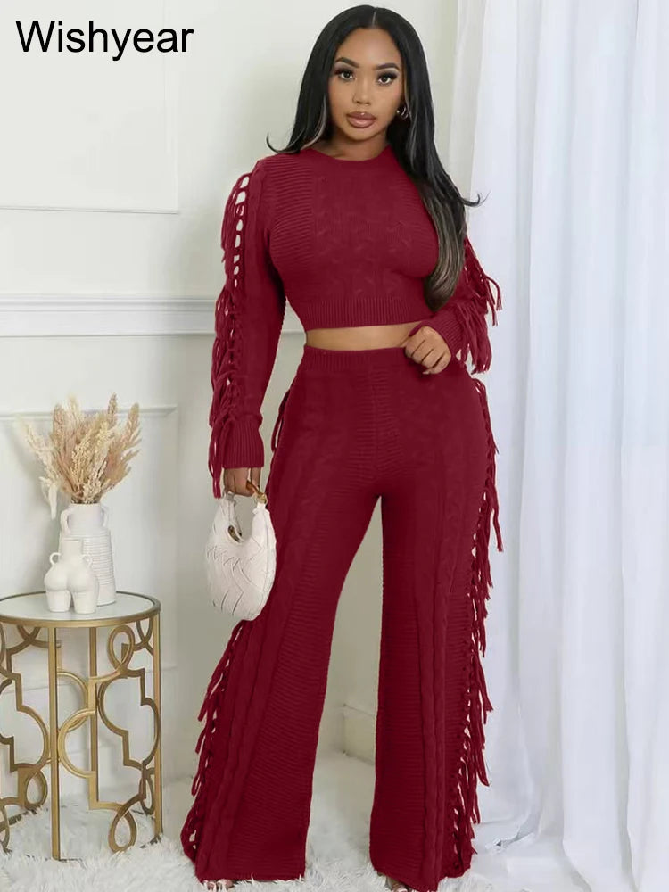 Casual Winter Warm Knitted Sweater Tassel 2 Piece Set  Women Long Sleeve Crop Top and Pants Streetwear outdoors vacation Outfits