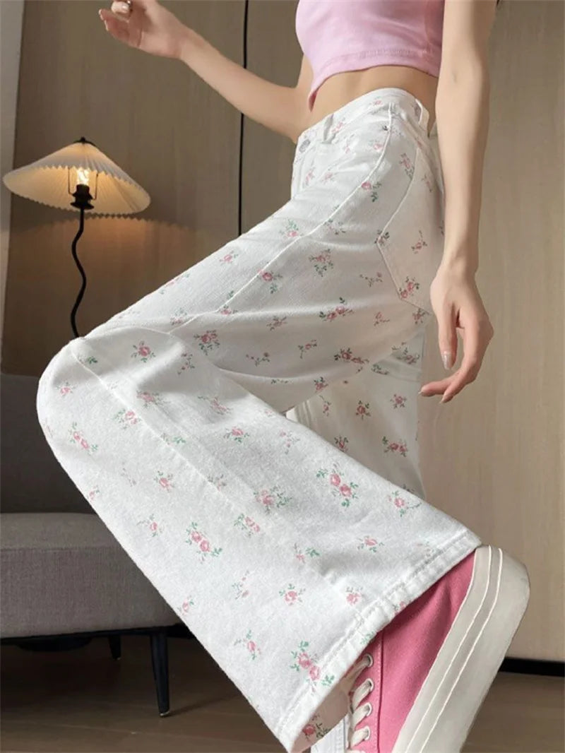 High Rise Wide Leg Printed Denim Pants For Women