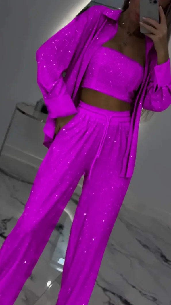 Casual Sequined Blazer With Wide Leg Pants Set For Women