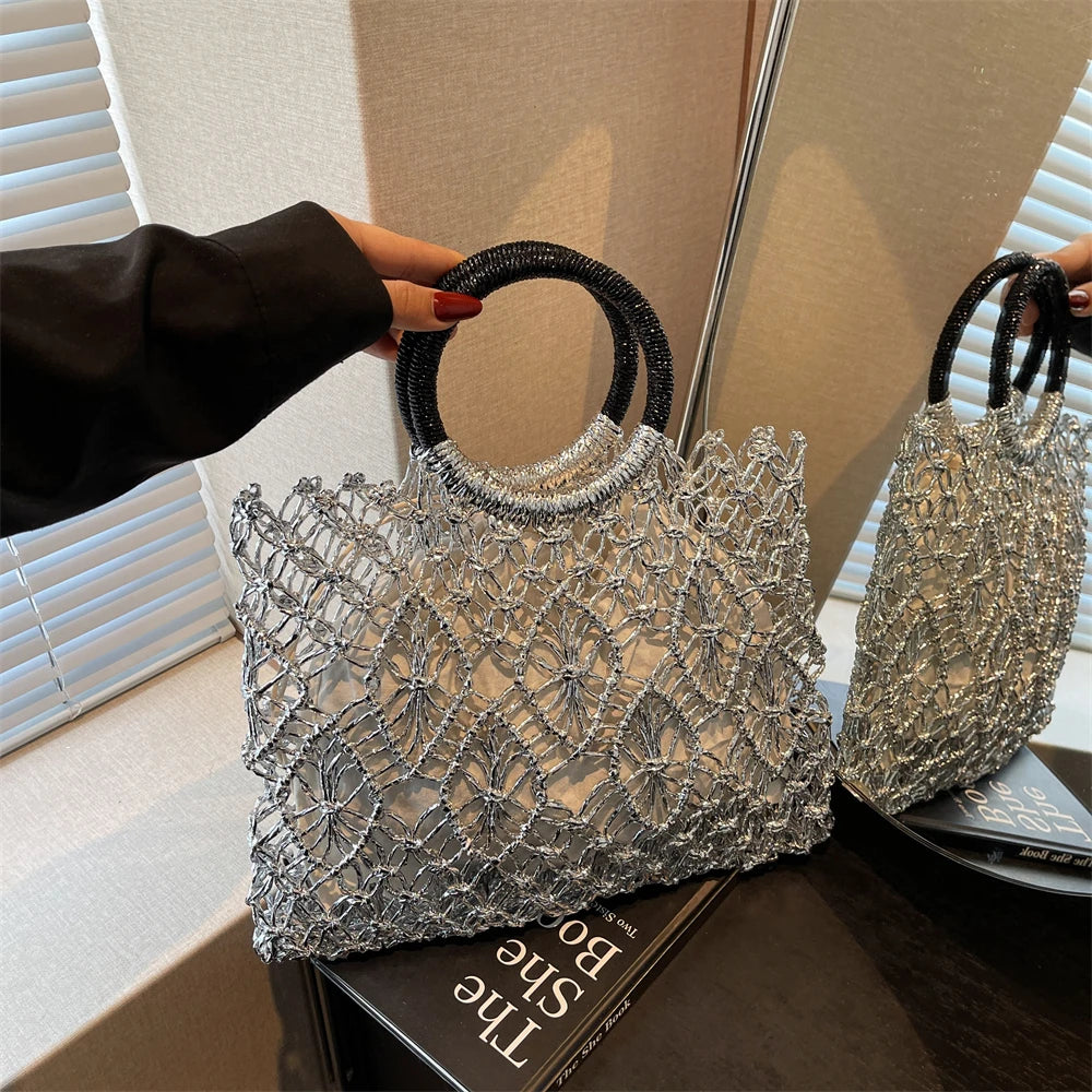 Eco Friendly Woven Round Handle Hollow Out Craft Paper Handbag for Women
