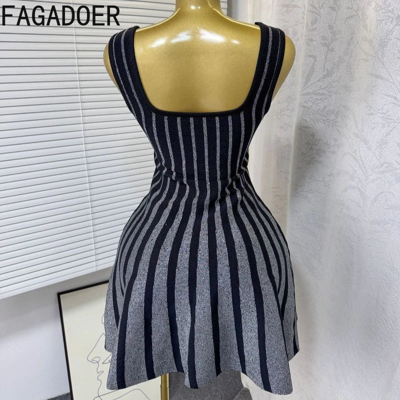 FAGADOER Summer Fashion Knit Bodycon Mini Dresses Women Square Collar Sleeveless Backless High Waist Dress Female Office Vestido