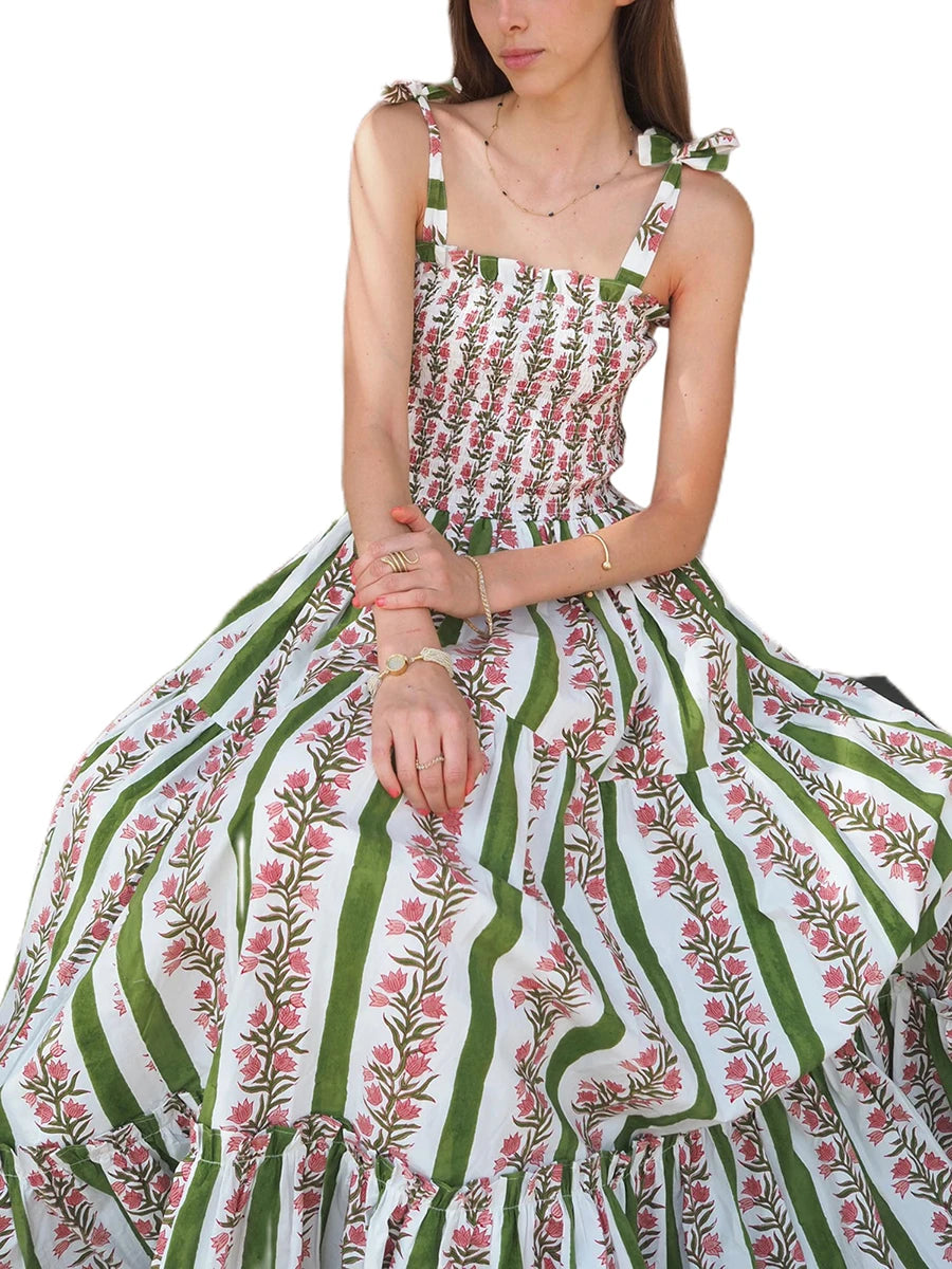 Women'S Sleeveless Printed Lace Up Dress Casual Summer Printed Lace Up A-Line Party Dress Suitable For Holiday Beach Street Wear