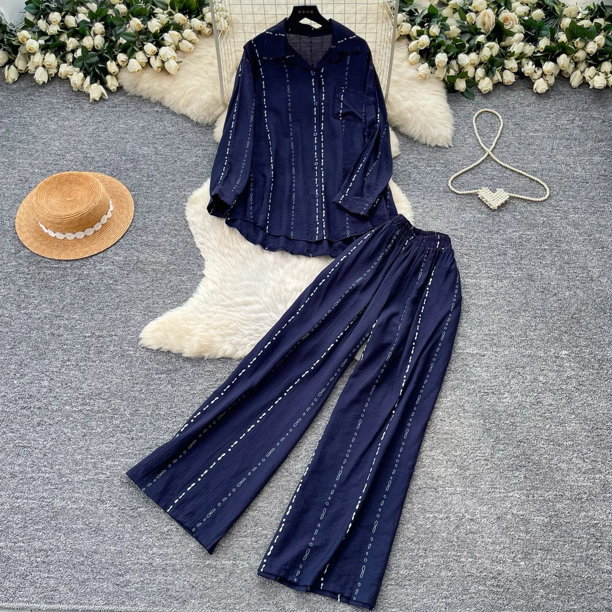 Collared Shirt and Wide Leg Pants Set