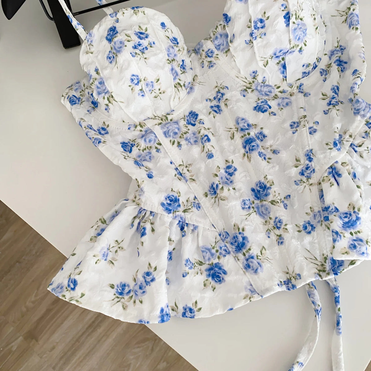 French Corset Print Ruffle Strap Tank Top for Women