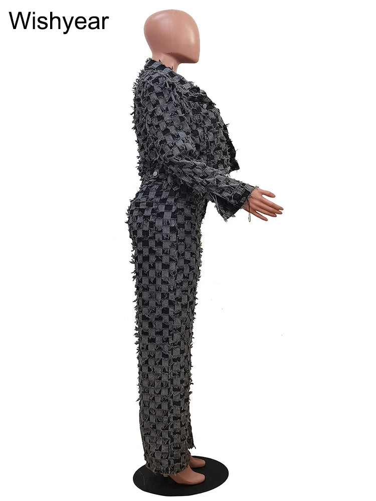 Women's Fashion Gray Denim 2 Piece Set Long Sleeve Patchwork Jacket And Wide Leg Pants Streetwear Grid Wash Jeans Autumn Outfits