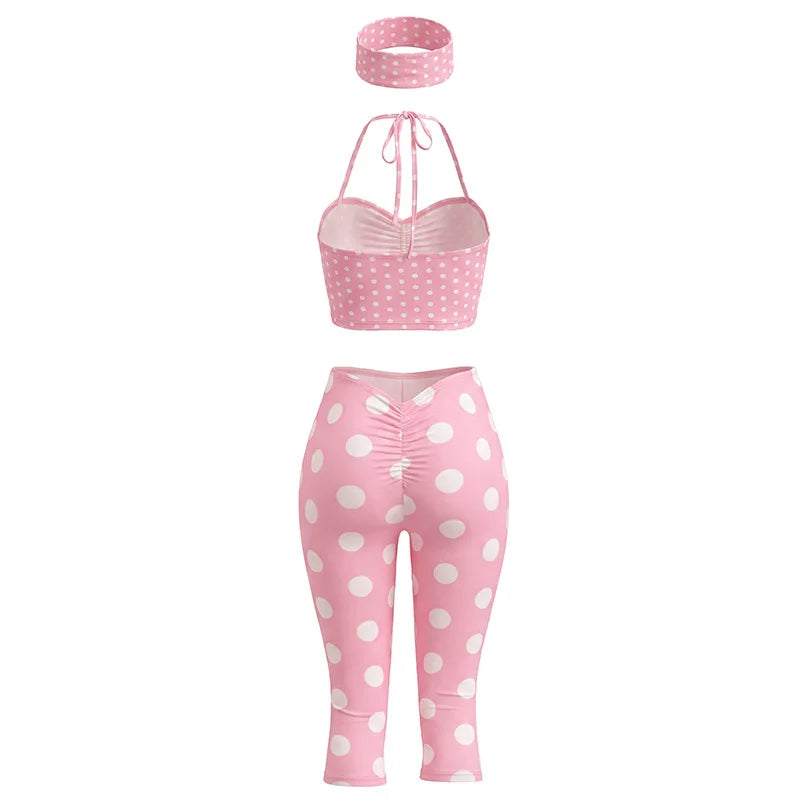 Polka Dot Two Piece Set with Halter Crop Top and Shorts for Women
